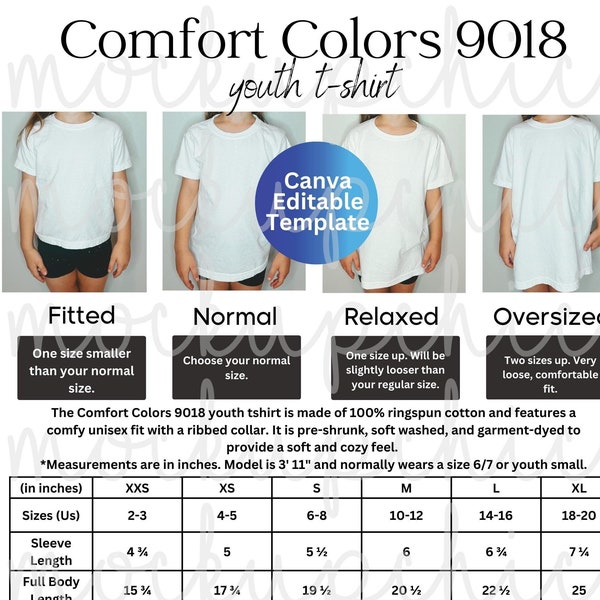 Comfort Colors Size Chart, C9018 Editable Comfortcolors Youth 9018 Sizes, Shirt Sizing Template, Size Guide Mockup Tshirt Measurements