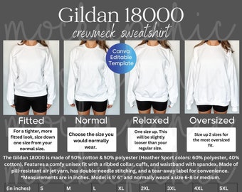 Gildan 18000 Größentabelle, bearbeitbare Gildan Größentabelle, Größentabelle Mockup Vorlage, Übergroße Größentabelle Mockup, Unisex Sweatshirt Mockup
