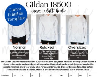Gildan 18500 Hoodie Size Chart, Editable Gildan Size Chart, Size Chart Mockup Template Oversized Size Chart Mockup, Unisex Sweatshirt Mockup