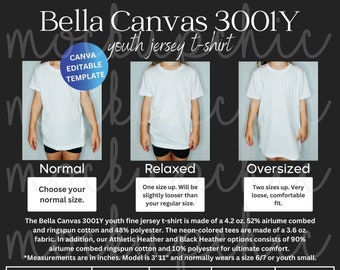 Size Chart Bella Canvas 3001Y, Editable Youth Shirt Size Chart, Kids Tshirt Sizing, T-Shirt Measurements, Bella Canvas 3001Y Size Guide