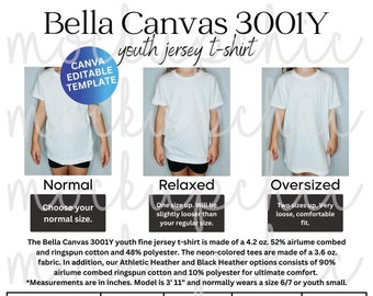 Tabella delle taglie Bella Canvas 3001Y, Tabella delle taglie modificabili delle magliette per ragazzi, Dimensionamento delle magliette per bambini, Misure delle t-shirt, Guida alle taglie Bella Canvas 3001Y
