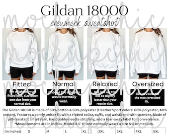 May include: A size chart for a Gildan 18000 crewneck sweatshirt. The chart shows the measurements in inches for the sleeve length, full body length, and body width. The chart also includes a description of the fit for each size: fitted, normal, relaxed, and oversized.