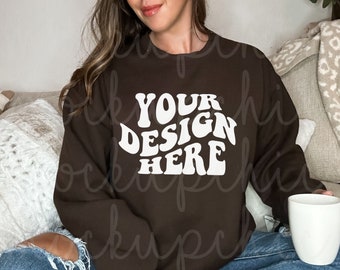 Gildan 18000 Dark Chocolate Sweatshirt G180 Crewneck Mockup Gildan 18000 Mockups Brown Sweater Mocks Christmas Winter Aesthetic Mock
