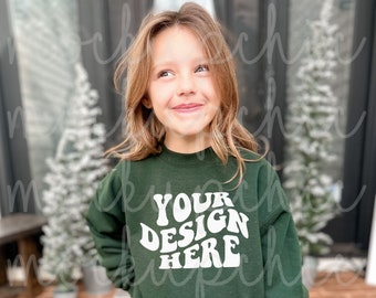 Forest Green Mockup Gildan 18000b Sweatshirt Trendy Winter Kid G180b Crewneck Mockups Girl 18000 Christmas Pullover Lifestyle Model Mocks