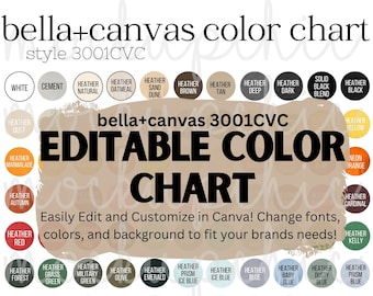 Bella Canvas カラーチャート編集可能 3001CVC、編集可能な Canva カラーガイド、サイズチャート モックアップ テンプレート、3001 CVC チャート、ヘザー T シャツ モックアップ