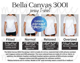 Gráfico de tallas Bella Canvas 3001 Editable Bella Canvas Camiseta Tamaño Gráfico Tamaño Gráfico Plantilla de maqueta, 3001C Tamaño Gráfico Mockups Camisa unisex Mocks