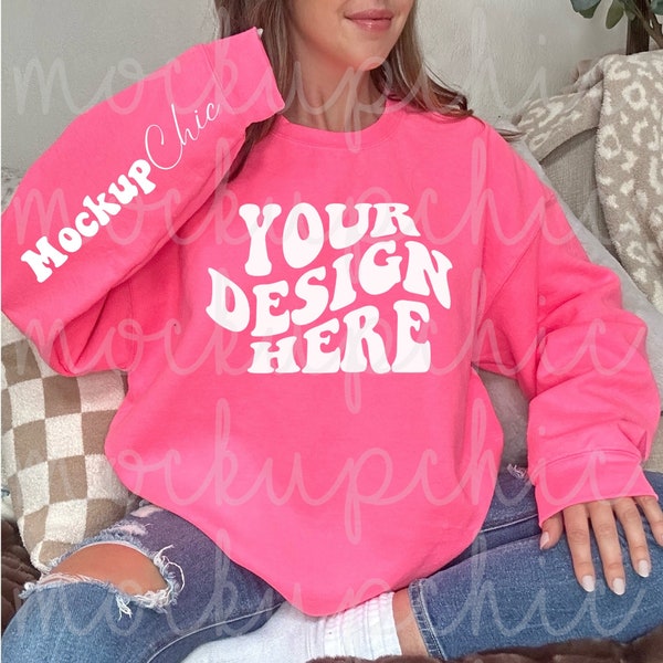 Gildan 18000 Safety Pink Sleeve Mockup Sweatshirt, G180 Pink Crewneck, Gildan 18000 Mockup Photo, g180 Sweater Mocks, Lifestyle Aesthetics