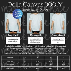 Size Chart Bella Canvas 3001Y, Editable Youth Shirt Size Chart, Kids Tshirt Sizing, T-Shirt Measurements, Bella Canvas 3001Y Size Guide