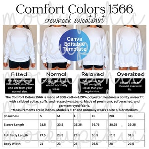 May include: White Comfort Colors 1566 crewneck sweatshirt, shown in four different fits: fitted, normal, relaxed, and oversized. The image includes a size chart with measurements in inches for sleeve length, full body length, and body width.