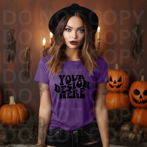 Mockup Purple Bella Canvas 3001 Shirt | Team Purple Tshirt Goth Mockup | Female Grunge Model Mocks | Pumpkins Spooky Halloween Fall Autumn