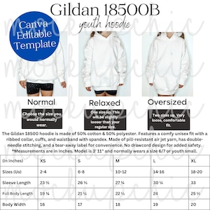Size Chart Gildan 18500B Hoodie, Youth Editable Gildan 18500 Sizes, Kids G180B Sizing Template Oversized G185 Size Chart Mockup Measurements