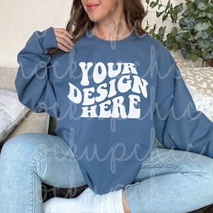 Gildan 18000 Indigo Blue Mockup Sweatshirt G180 Indigo Crewneck Mockups Gildan 18000 Mockup  photo, g180 Blue Sweater Lifestyle Mocks
