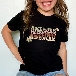 Mockup Black Shirt Girl  Kid T-Shirt Mock up Trendy Lifestyle mockup Black TShirt Child Mockup Bella Canvas Bundle TShirt Kid Shirt Mockup