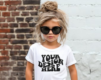 Kids Boho Back to School T-Shirt Mockup White Gildan Mock up Toddler Retro Girl Summer Shirt Mockups Print on Demand Mocks Trendy POD Mock