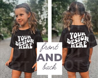 Mockup FRONT & BACK Tshirt, Comfort Colors C9018 Kids Bundle, Youth Black T-Shirt Mockup, Toddler Girl Trendy Mocks Boho POD Print on Demand