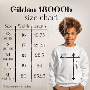 Size Chart Gildan 18000 Youth Sweatshirt, Style 18000b Kids Crewneck Sizing Guide, Gildan Mockup Sizing Template, Gildan 18000 Measurements