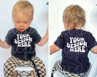 Set di mockup di maglietta nera Baby Bella Canvas, mockup di simpatiche magliette per bambini, mockup di t-shirt retrò per bambini, modello di stile di vita reale, modello fotografico mockup
