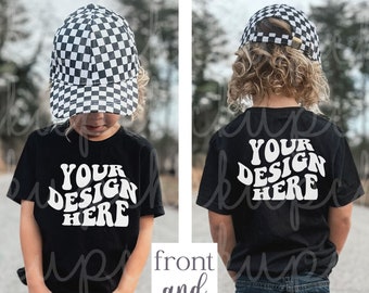 Mockup FRONT BACK Toddler Black Shirt, Kid Bella Canvas 3001 Tshirt, Trendy Boy 3001Y Photo Mock-up, Toddler Model Lifestyle 3001T POD Mocks