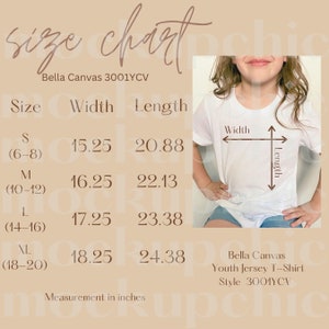 3001Y Size Chart Mockup, Bella Canvas 3001 Youth Sizing Charts, Trendy 3001Y Size Chart, Aesthetic Kid Measurement Guide, TShirt Dimensions