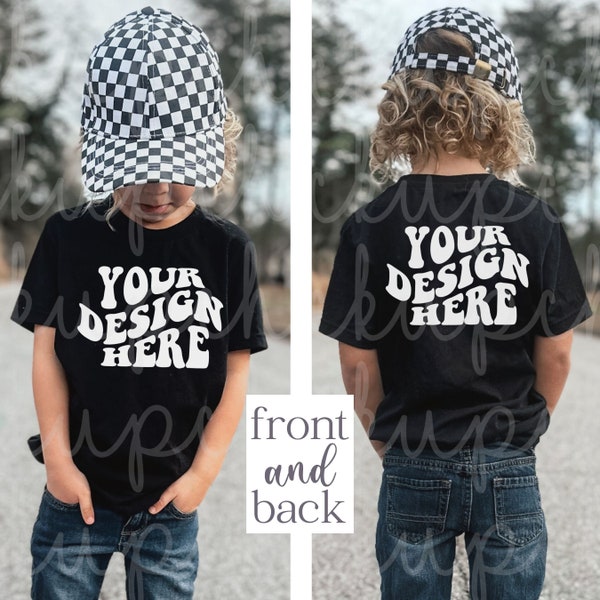 Mockup FRONT BACK Toddler Black Shirt, Kid Bella Canvas 3001 Tshirt, Trendy Boy 3001Y Photo Mock-up, Toddler Model Lifestyle 3001T POD Mocks