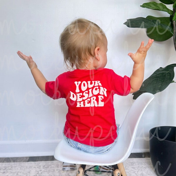Kids Bella Canvas Red Shirt Mockup, 3001b Cute Toddler Back of Tshirt Mocks, Retro Baby Tee Mock up, Lifestyle Real Baby Mock Photo Template