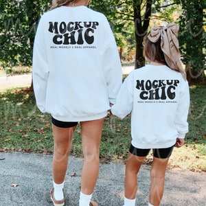 Mom and Me White Sweatshirt Mockup, Gildan Crewneck Mockups, 18000 18000b Matching Sweater, G180 Fall Mommy Daughter, Real Mama Mini Mocks