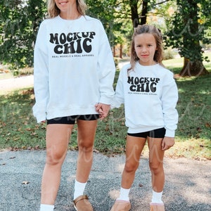 Mom and Me White Sweatshirt Mockup, Gildan Crewneck Mockups, 18000 18000b Matching Sweater, G180 Fall Mommy Daughter, Real Mama Mini Mocks