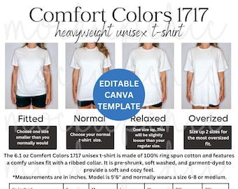Size Chart Comfort Colors 1717 Editable Shirt Measurements Sizing Guide C1717 Mockup Template Tshirt Size Chart Mockups T-Shirt Mockup