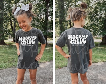 Mockup Bundle FRONT & BACK Pepper Comfort Colors Shirt 9018 | Kids Gray CC9018 TShirt Mock up | Retro Girl Grey Mocks C9018 Lifestyle Model