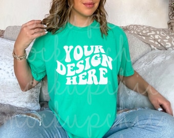 Island Green Shirt Mockup, Teal Comfort Colors 1717 Tshirt Photo, Woman Spring T-shirt Mock, C1717 Styled Photography Real Model Mock-up