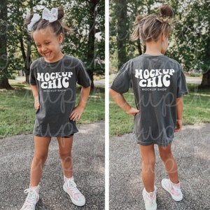 Mockup Bundle FRONT & BACK Pepper Comfort Colors Shirt 9018 | Kids Gray CC9018 TShirt Mock up | Retro Girl Grey Mocks C9018 Lifestyle Model