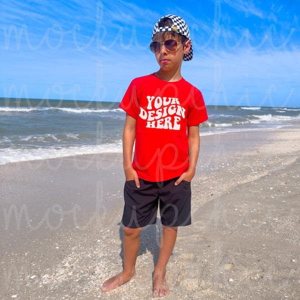 Kid Red Comfort Colors Shirt 9018 Mockup, Beach Youth Boy C9018 TShirt Mocks, Teen Summer Retro Red Tee Photo, Trendy Lifestyle Real Model