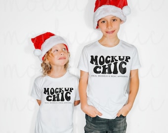 Kids Christmas Shirt Mockup, Bella Canvas 3001y White T-Shirt Mock up, Youth Sibling Matching Mock, 3001T Friend Brother