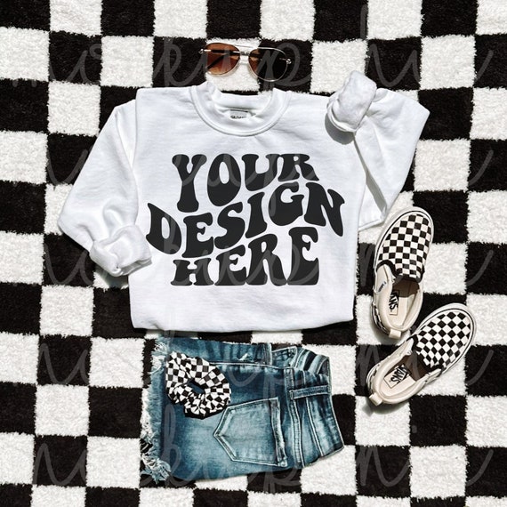 White Sweatshirt Flatlay Mockup, Gildan 18000 Crewneck Mock-up, Influencer Flat lay Folded Sweater,  G180 Retro Styled POD Crew Mock Photo