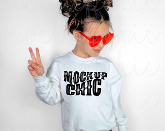 Kid Valentine's Day White Sweatshirt Mockup, Girl Retro Sleeve Flat lay Mock up, White Gildan 18000b Photo, Youth Crewneck Flat lay