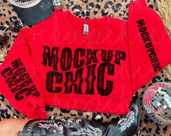 Red Gildan 18000 Flatlay Mockup, Red G180 Sweatshirt Mock-up, g18000 Crewneck Photo, Western Real Apparel Flat lay, Boho Influencer Mock