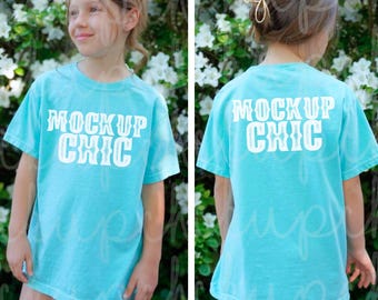 Kid Seafoam Shirt Mockup Bundle, Comfort Colors 9018, Front Back Template, Teal Toddler TShirt Image, POD C9018 Summer Tee, Real Model Mock
