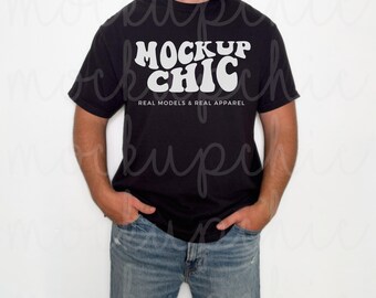 Black Tshirt Male Mockup, Men's Comfort Colors 1717 Black Shirt Mock-up, G185 Real Lifestyle Model, Husband Brother Dad, Real Person Image