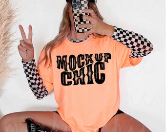 Neon Cantaloupe Comfort Colors Shirt Mockup, Orange 1717 Tshirt Photo, Aesthetic Summer Photo, Retro C1717 T-shirt Mock up, Real Model Mocks