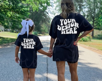 Mom and Me Mockup, Black Comfort Colors 1717 Mock Photo, Matching Mother Daughter 9018 Image, Mommy Me Mock-up, POD Back of Shirt Mock up