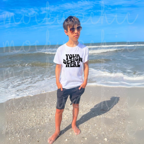 Kid White Comfort Colors Shirt 9018 Mockup, Beach Youth Boy C9018 TShirt Mocks, Teen Summer White Tee Photo, Trendy Lifetyle Real Model