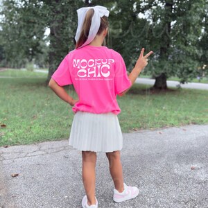 Neon Pink Comfort Colors Back of Shirt Mockup, Spring Kid Influencer 9018 Tshirt, Youth POD Mock-up, Trendy Girl C9018 Real Model Photo