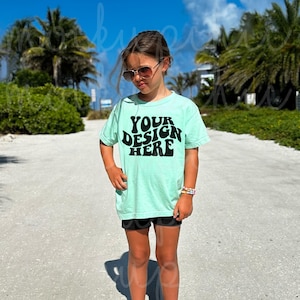 Island Reef Comfort Colors 9018Mockup, Cute Kid Lifestyle Model, Toddler Girl Teal TShirt Mock, Youth C9018 Beach T-Shirt POD