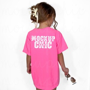 Neon Pink Back of Shirt Mockup, Comfort Colors 9018 Pink T-Shirt, Styled Tshirt, Coquette Girl Summer 1717, Girly Youth Mock, Cute kid