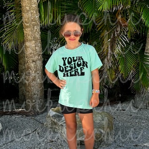 Island Reef Comfort Colors C9018 Youth T-Shirt Mockup, Cute Kid Lifestyle Model, Toddler Girl Teal TShirt Mock, Trendy 9018 Beach Shirt POD
