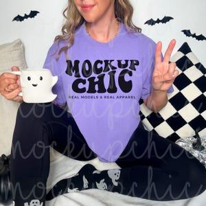 Violet Shirt Halloween Mockup, Purple Comfort Colors 1717 Crewneck Mock, Woman Model Short Sleeve Oversized Tee, Real C1717 Styled Photo
