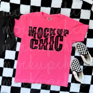 Neon Pink Shirt Flatlay Mockup, Comfort Colors 9018 T-Shirt Influencer Flat lay, Kid Retro Summer 1717 Image, Coquette Youth Short Sleeve