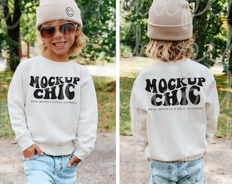 Toddler Natural Heather Sweatshirt Mockup, Rabbit Skins 3317 Tan Kids Crewneck Mock up, Front Back Dual Mockup, Fall Lifestyle Model Mocks