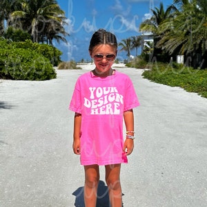 Kid Neon Pink Shirt Mockup, Comfort Colors 9018 Pink T-Shirt Mock-up, Trendy  Styled Girl Beach Photo, Summer Cute Kid C9018 Shirt Model POD