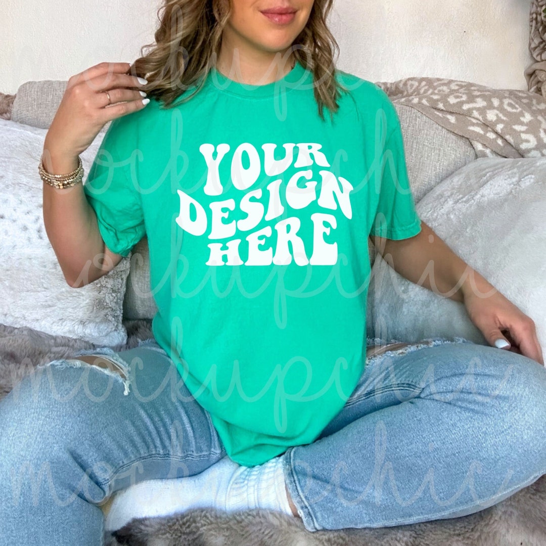 Island Green Shirt Mockup, Teal Comfort Colors 1717 Tshirt Photo, Woman Spring Tshirt Mock